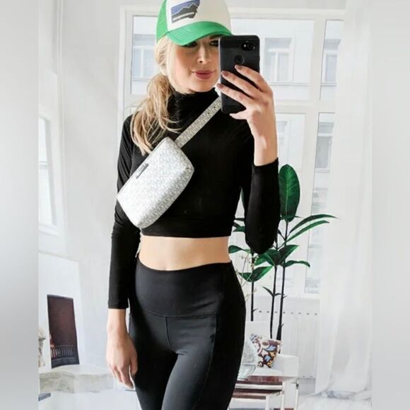 Michael kors signature jacquard belt bag/fanny pack stripe leather logo L/XL - Picture 7 of 10